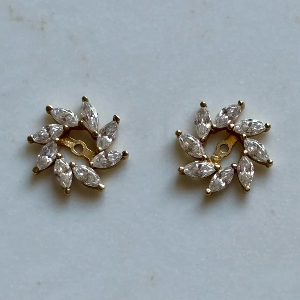 Vintage 14K Gold CZ Earring Jackets Marquise Halo Diamond Stud Enhancer - Picture 2 of 6